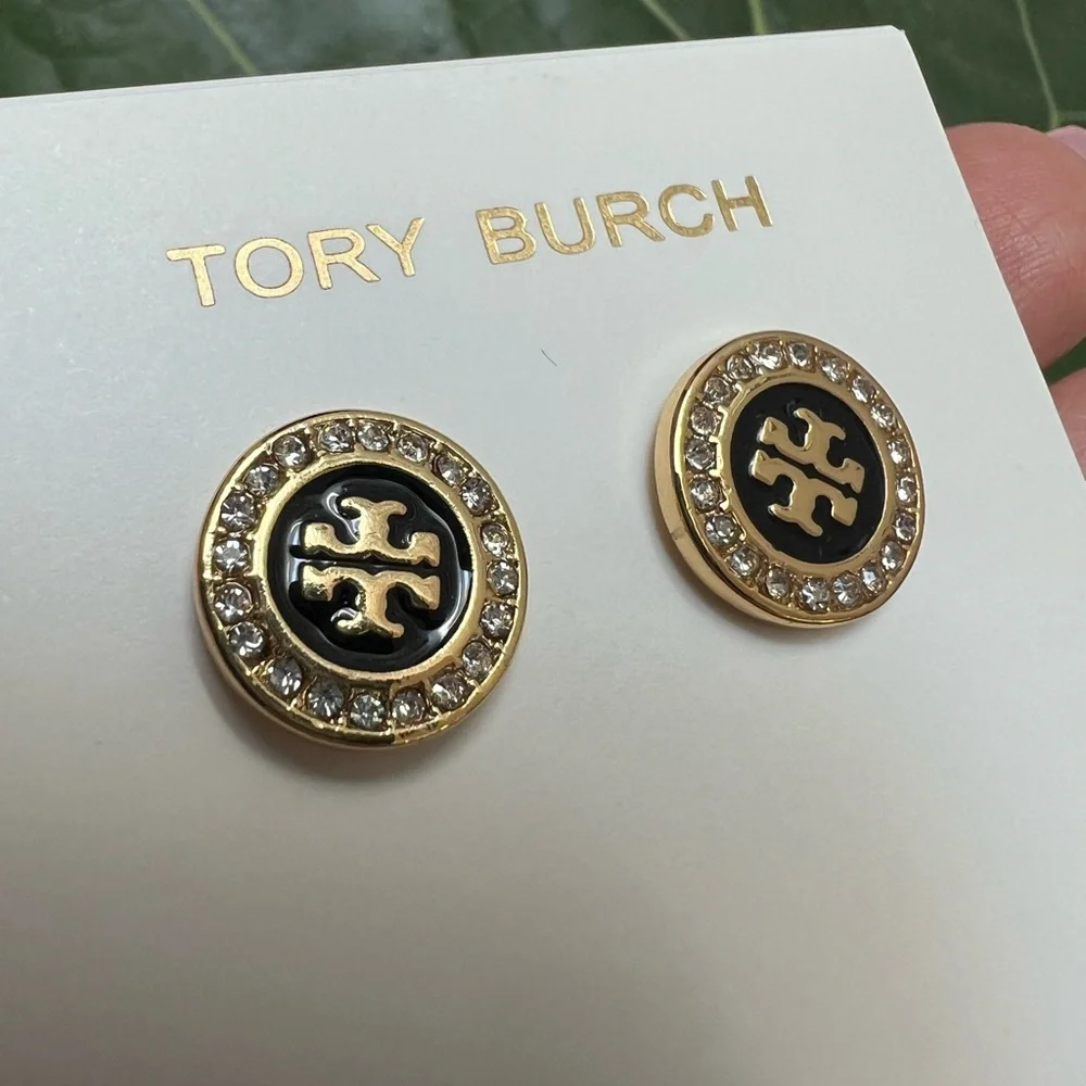 Tory Burch Black and Gold Crystal Stud Earrings